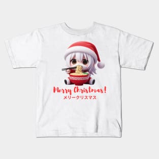 Chibi Kawaii Santa Claus Eating Ramen Noodles Kids T-Shirt